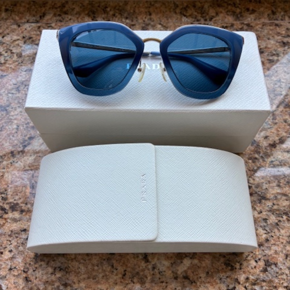 Prada Women's SPR53S Cat Eye Oversize Blue Frame Gray Lenses Sunglasses